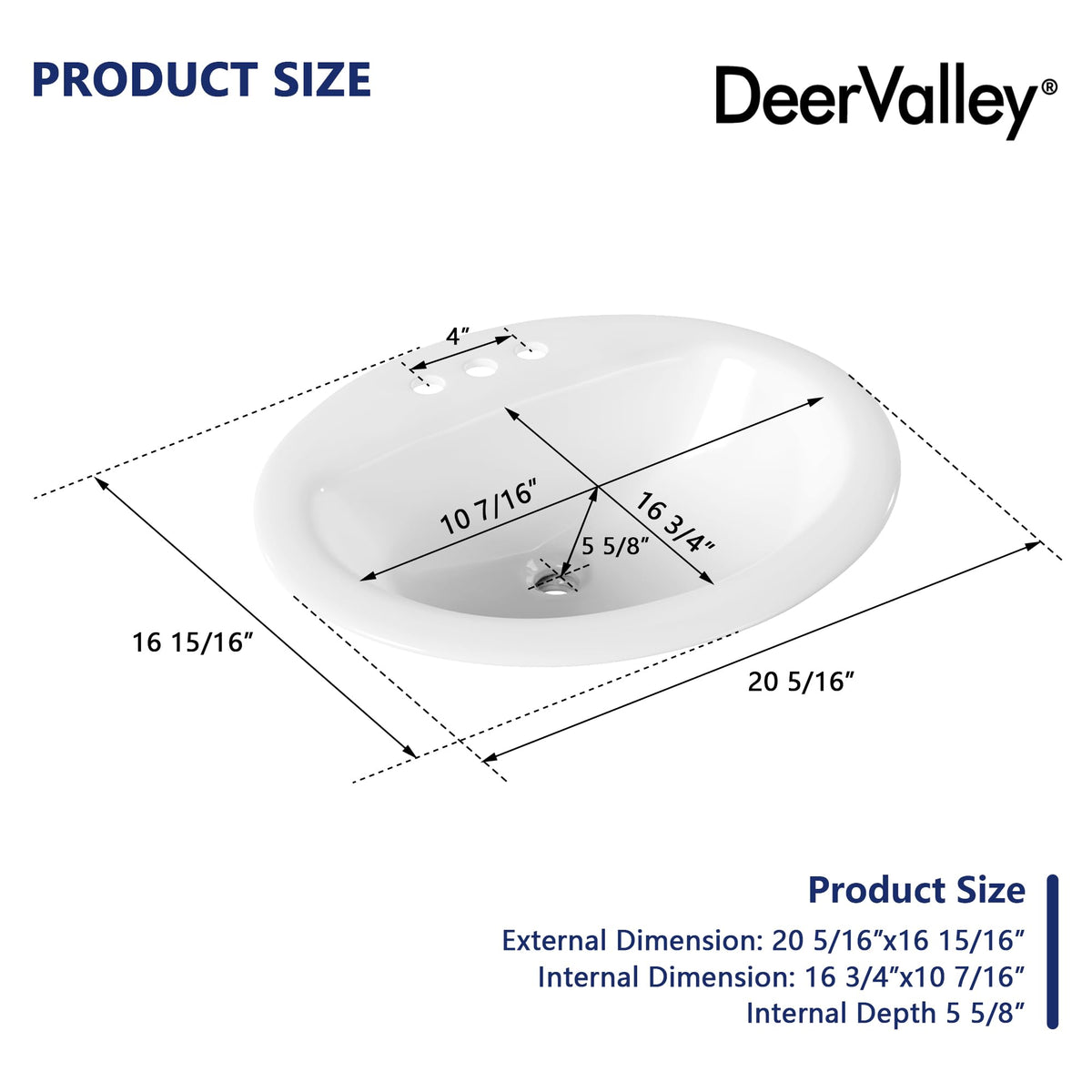 DeerValley Modern Drop In Bathroom Sink White 20"x17" Oval Vanity Art Basin