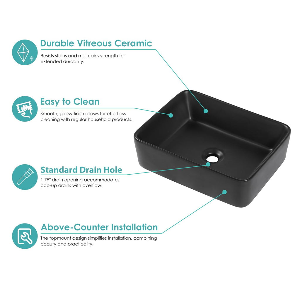 Kichae 16"x12" Vessel Sink Rectangle - Modern Above Matte Black Porcelain Ceramic Bathroom Vessel Vanity Sink Bowl Art Basin