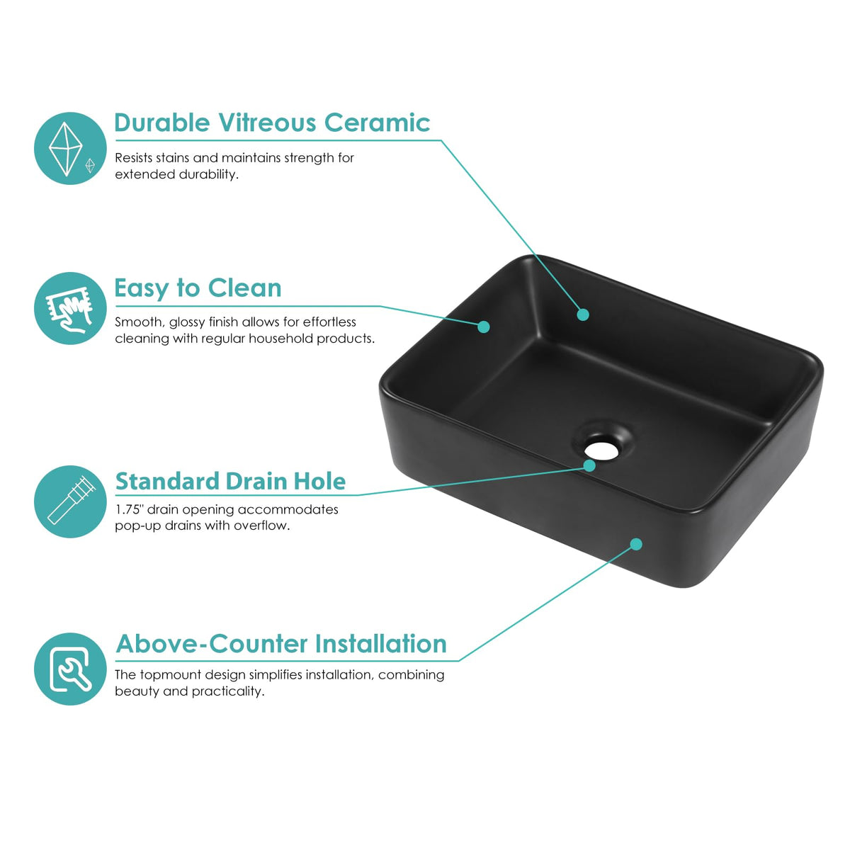 Kichae 16"x12" Vessel Sink Rectangle - Modern Above Matte Black Porcelain Ceramic Bathroom Vessel Vanity Sink Bowl Art Basin
