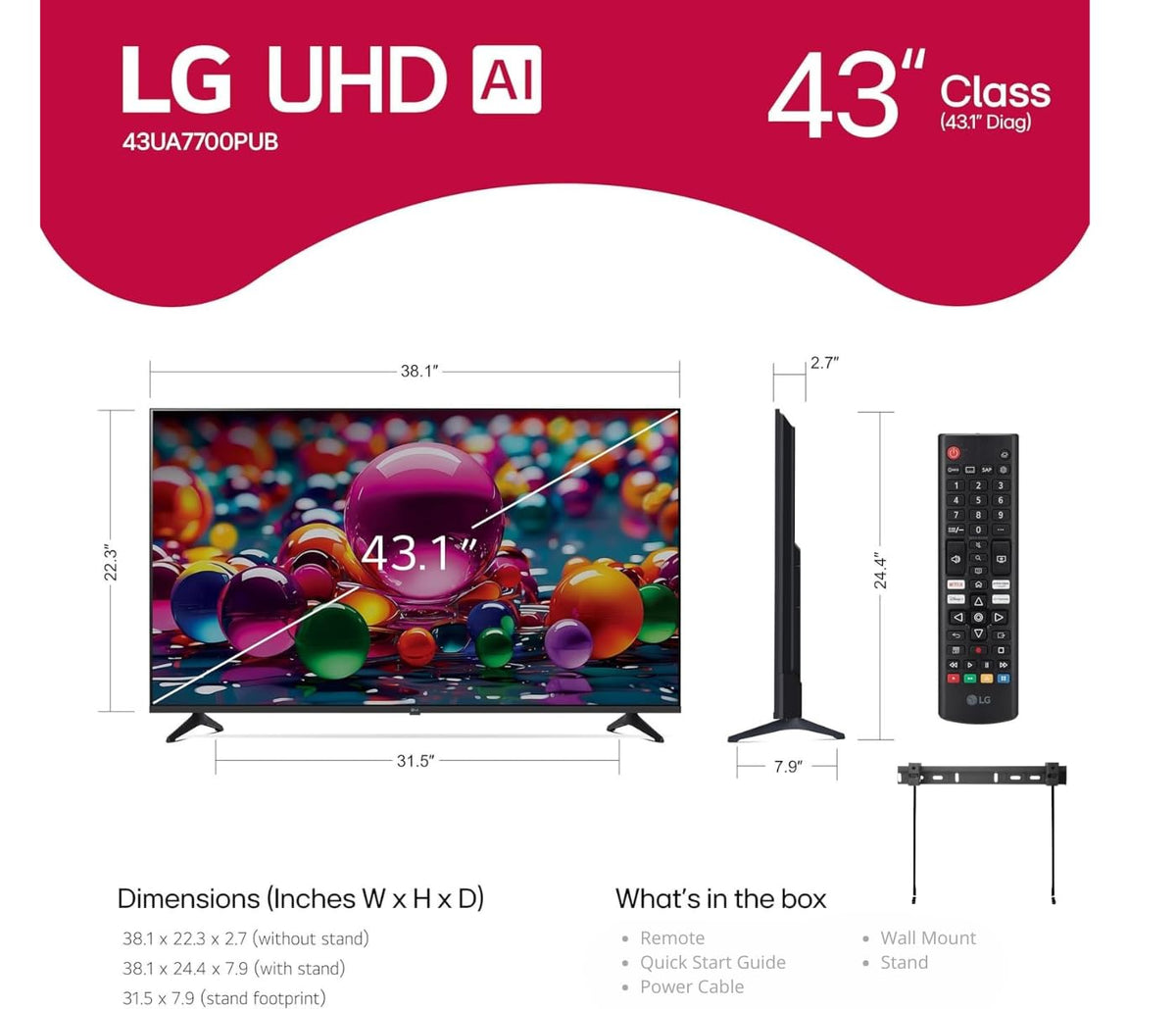 LG 55" (2025 Model) UHD AI UA75 Smart TV HDR10 Bluetooth a7 AI Processor 4K Gen8 Filmmaker Mode webOS 25 + Wall Mount Compatible with Alexa(Renewed)