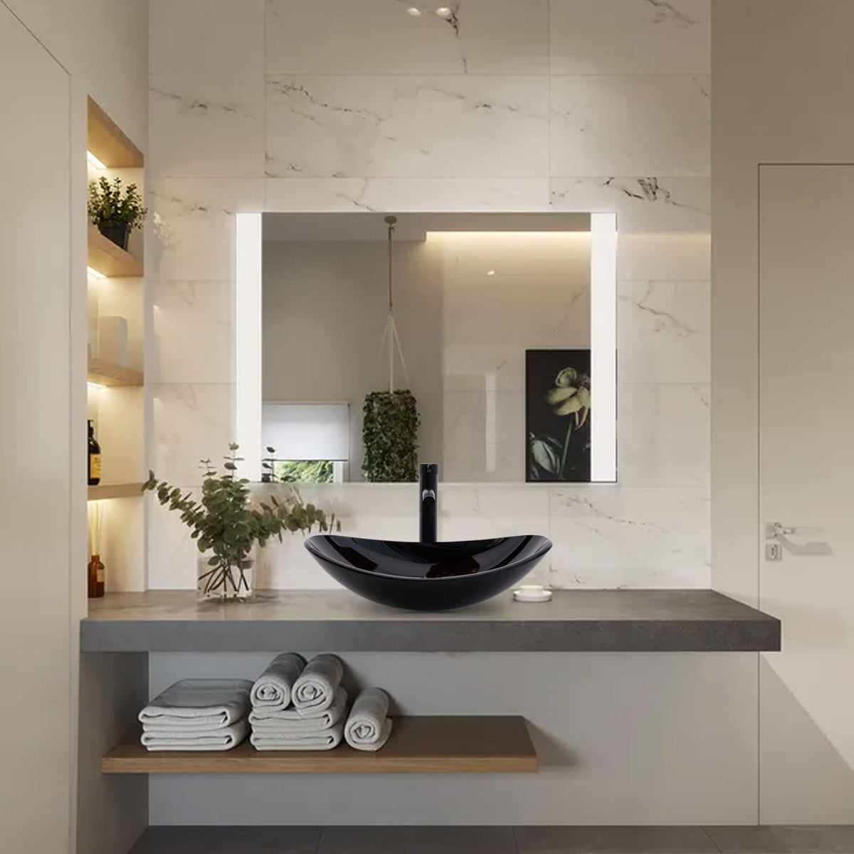 Vessel Sink Bathroom Sinks Tempered Glass Art Basin 20.8"x13.7" Oval Bowl Above Counter with Faucet and Pop-Up Drain Combo, Oval Clear Grey,Modern Countertop Bowl Sink