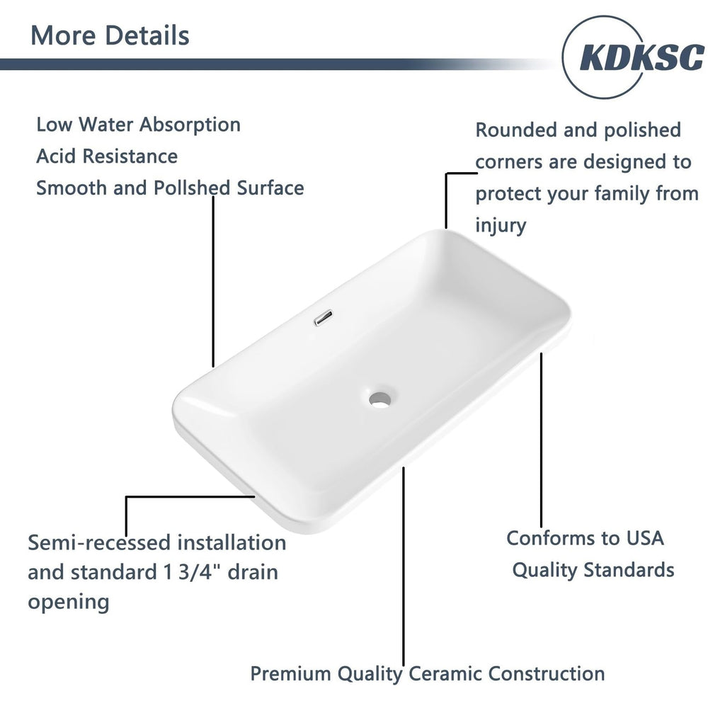 Bathroom Vessel Sink 16.7" X 12.6" Semi Recessed Bathroom Sink Rectangular Drop In Bathroom Sinks with Overflow White Ceramic Vessel Sinks for Bathroom Modern Above Counter Basin Vanity Sink