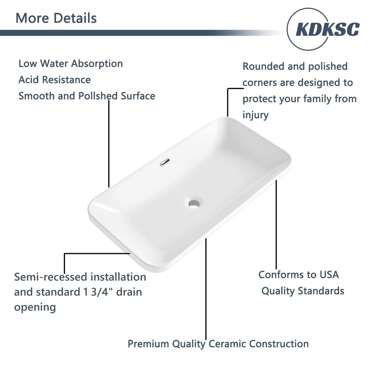 Bathroom Vessel Sink 16.7" X 12.6" Semi Recessed Bathroom Sink Rectangular Drop In Bathroom Sinks with Overflow White Ceramic Vessel Sinks for Bathroom Modern Above Counter Basin Vanity Sink