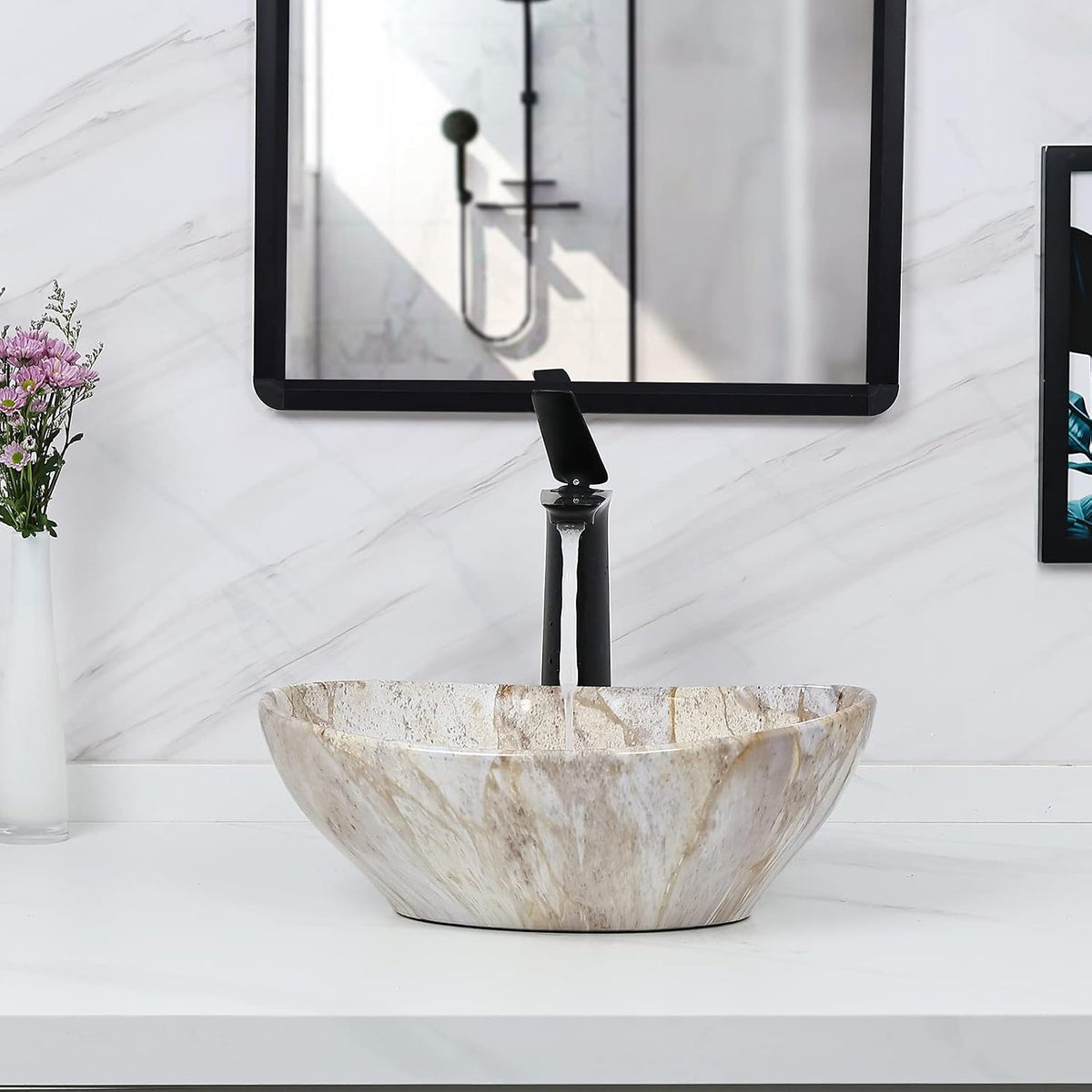 Davivy 16'' X 13'' Nordic Marbling Oval Vessel Sink with Pop Up Drain,Ceramic Vessel Sink,Bathroom Sinks Above Counter,Bathroom Vessel Sinks,Counter top Sink,Oval Sink Bowls for Bathroom