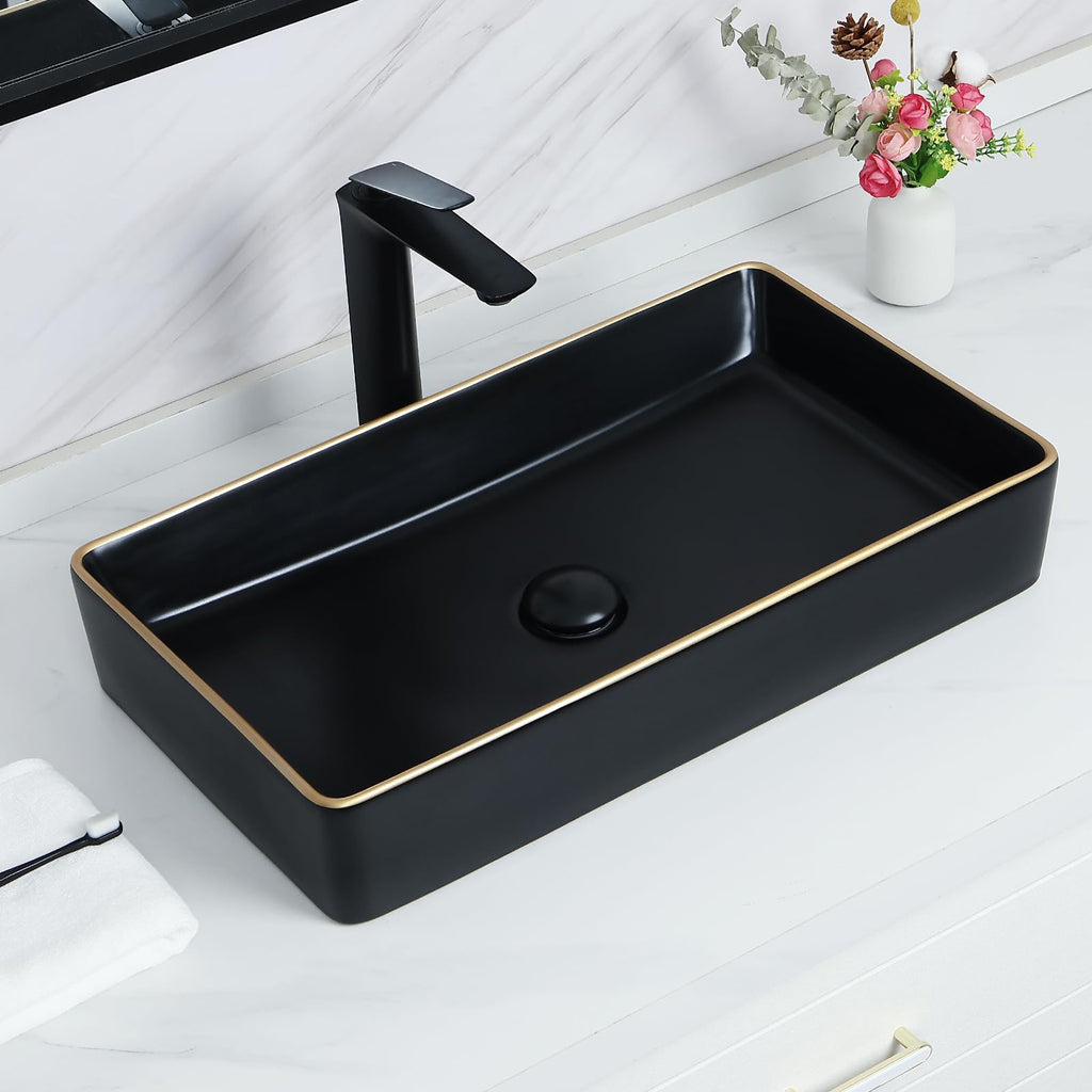 Davivy 16'' X 13.2'' Matte Black Oval Vessel Sink with Pop Up Drain,Bathroom Vessel Sinks,Bathroom Sinks Above Counter,Ceramic Vessel Sink,Counter top Sink,Black Sink Bowls for Bathroom