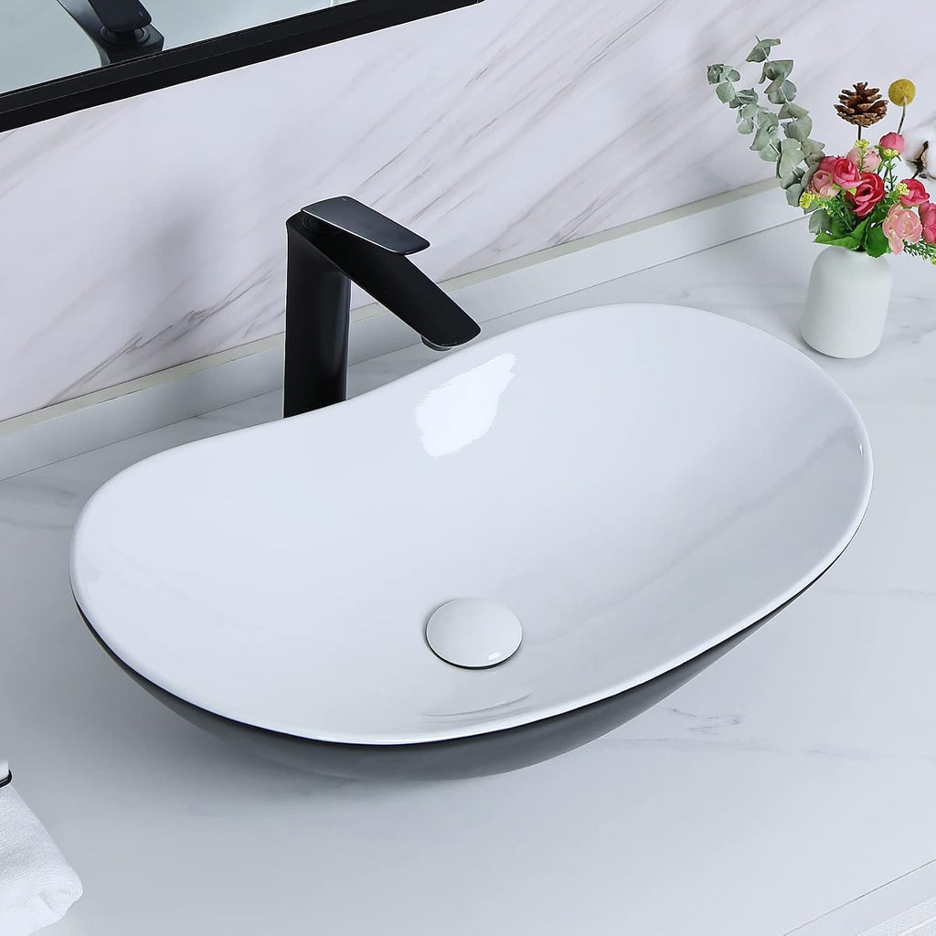 Davivy 24.5'' X 13.8'' Large Matte Black Oval Vessel Sink with Pop Up Drain,Ceramic Bathroom Sink Above Counter,Matte Black and White Vessel Sink for Bathroom (Large)