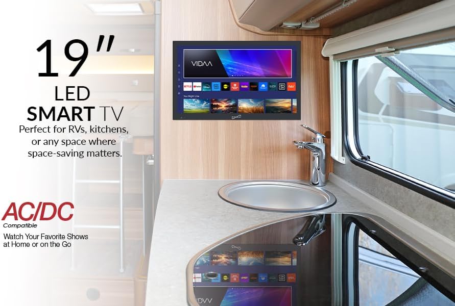 Supersonic SC-1920VTV 18.5inch Smart AC/DC LED TV, Powered by VIDAA, 1080p, WiFi, Built-in Speakers, USB, 3X HDMI ARC, for Kitchen, RV, Boat, Truck, Playroom, Dorm Room, Remote, DC Car Cord Included