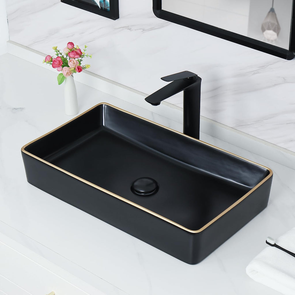 Davivy 16'' X 13.2'' Matte Black Oval Vessel Sink with Pop Up Drain,Bathroom Vessel Sinks,Bathroom Sinks Above Counter,Ceramic Vessel Sink,Counter top Sink,Black Sink Bowls for Bathroom
