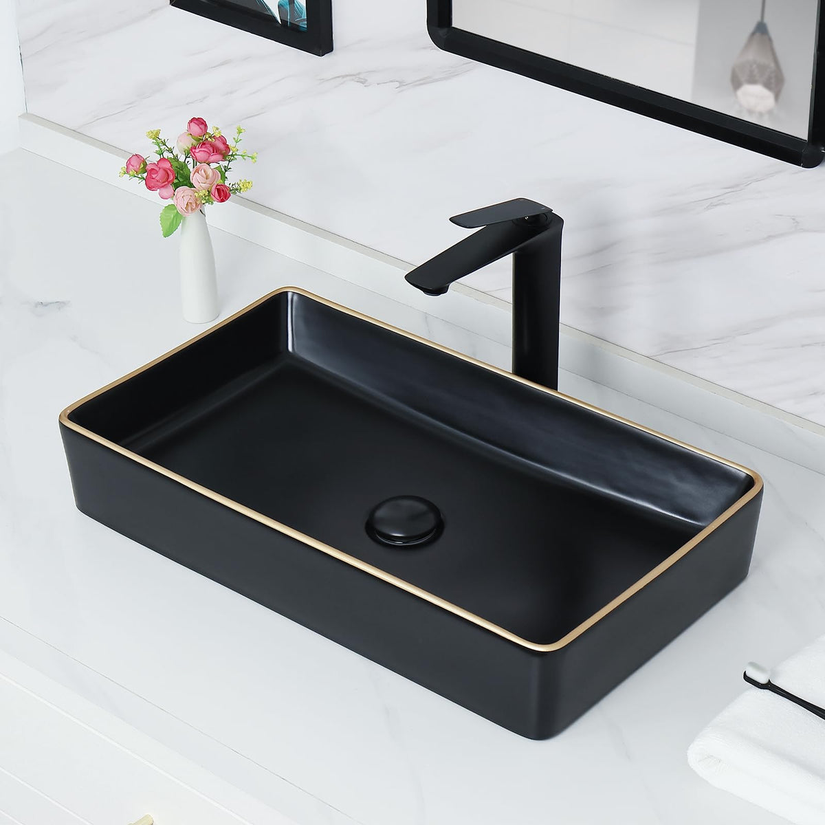 Davivy 16'' X 13.2'' Matte Black Oval Vessel Sink with Pop Up Drain,Bathroom Vessel Sinks,Bathroom Sinks Above Counter,Ceramic Vessel Sink,Counter top Sink,Black Sink Bowls for Bathroom