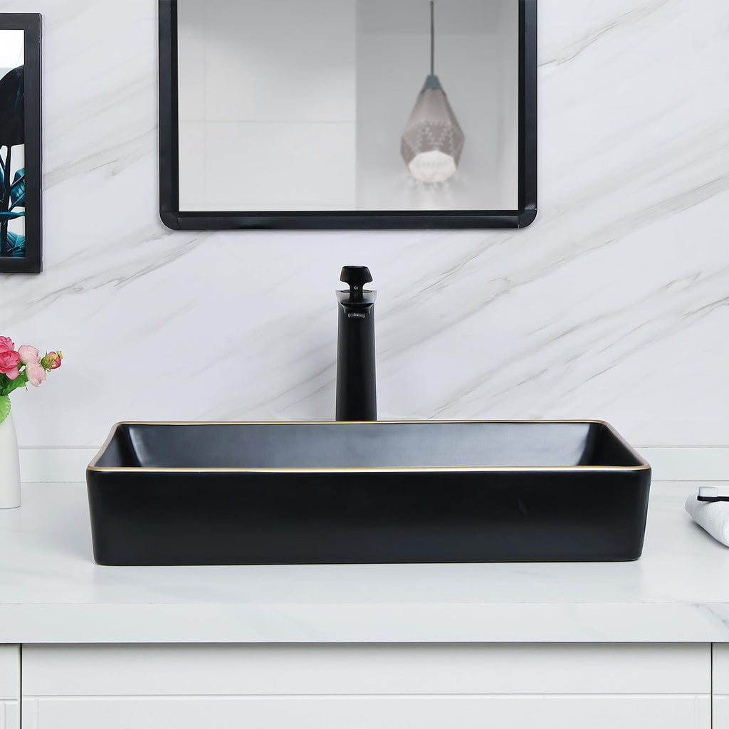 Davivy 16'' X 13.2'' Matte Black Oval Vessel Sink with Pop Up Drain,Bathroom Vessel Sinks,Bathroom Sinks Above Counter,Ceramic Vessel Sink,Counter top Sink,Black Sink Bowls for Bathroom
