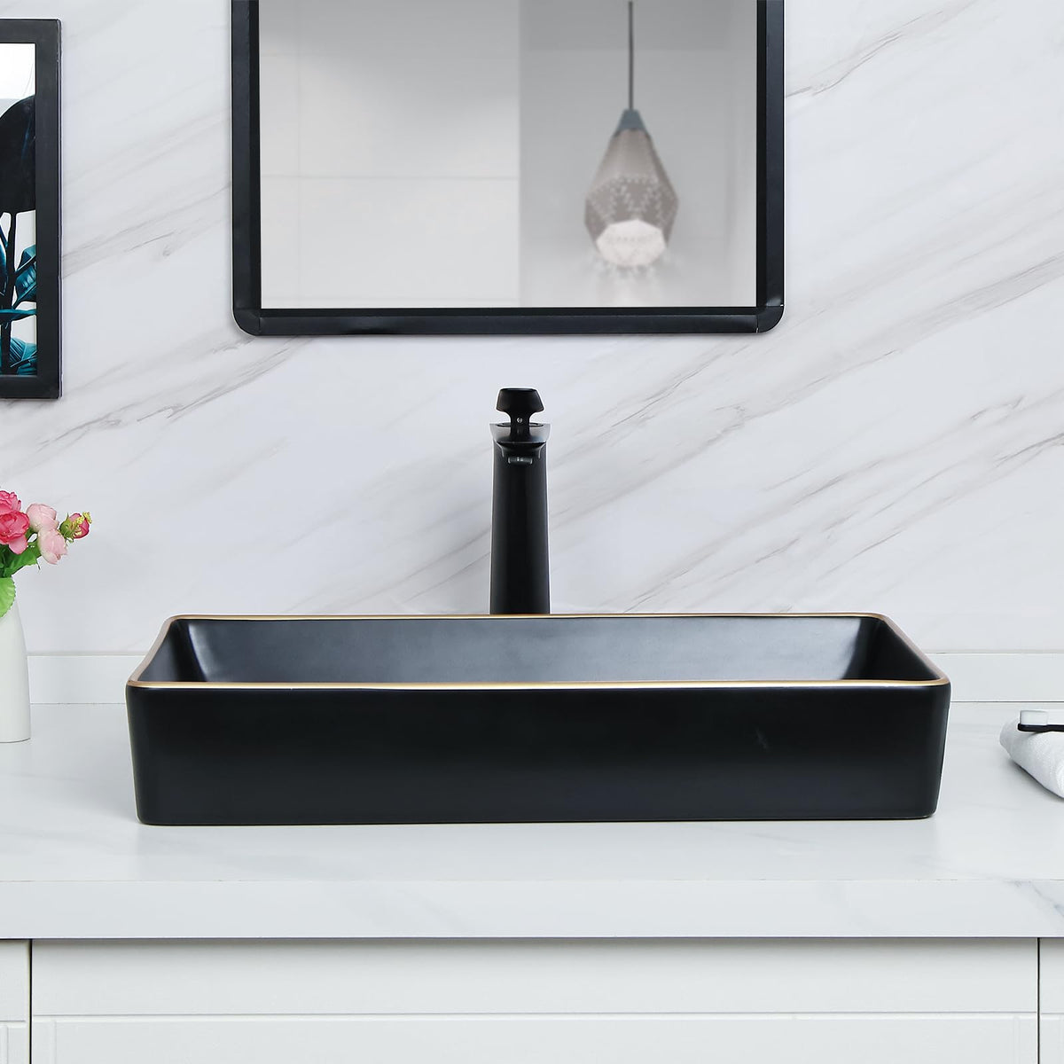 Davivy 16'' X 13.2'' Matte Black Oval Vessel Sink with Pop Up Drain,Bathroom Vessel Sinks,Bathroom Sinks Above Counter,Ceramic Vessel Sink,Counter top Sink,Black Sink Bowls for Bathroom