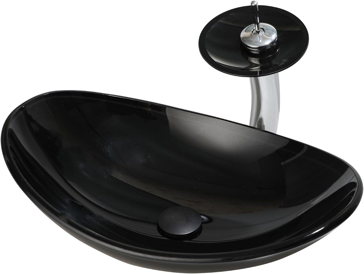 22" Black Oval Bathroom Vessel Sink Tempered Glass Washing Bowl