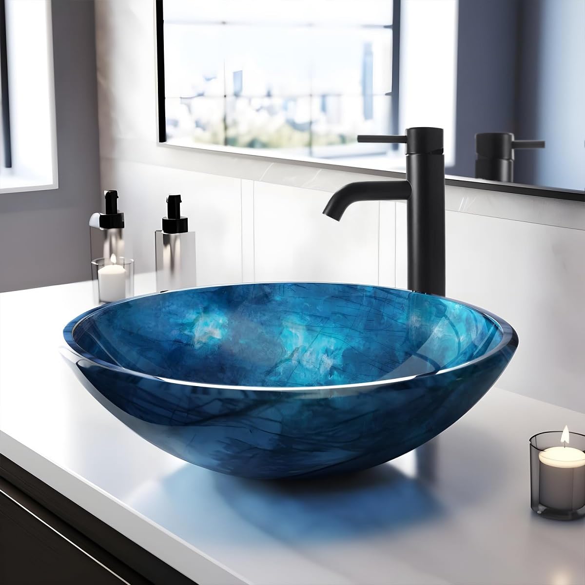 Design Vessel Sink Concrete Bathroom Sink above Counter Small Vessel Sink Bathroom Sink Bowl Countertop Modern Sinks with Faucet and Drain Combo 15.7" Round Gray