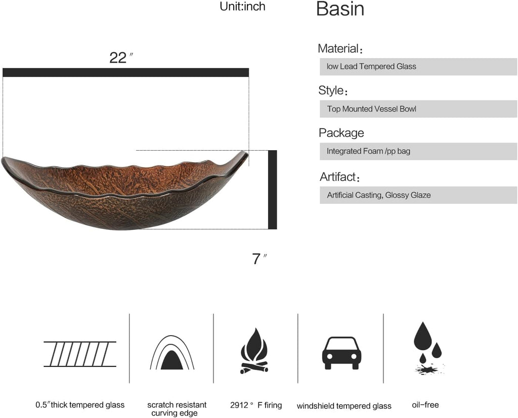 Bathroom Leaf Shape Artistic Glass Vessel Sink, Brown