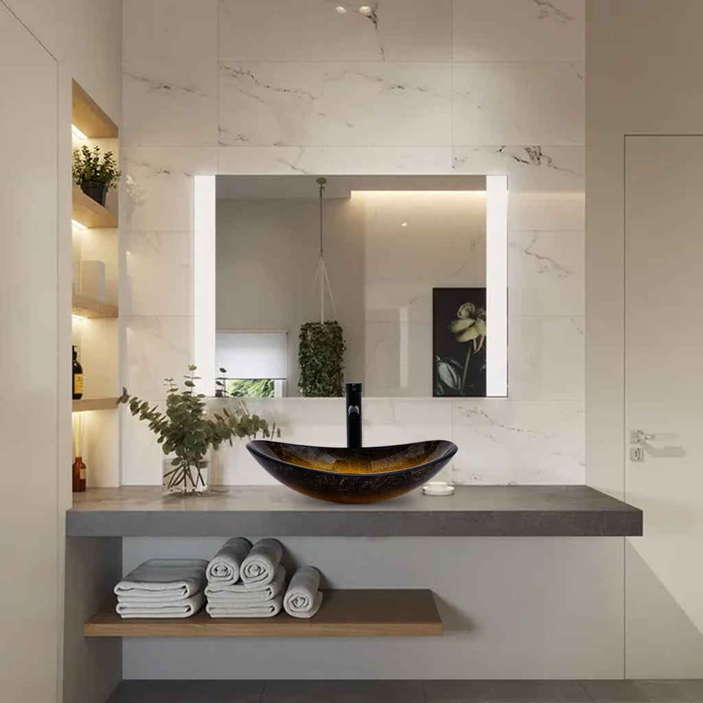 Vessel Sink Bathroom Sinks Tempered Glass Art Basin 20.8"x13.7" Oval Bowl Above Counter with Faucet and Pop-Up Drain Combo, Oval Clear Grey,Modern Countertop Bowl Sink