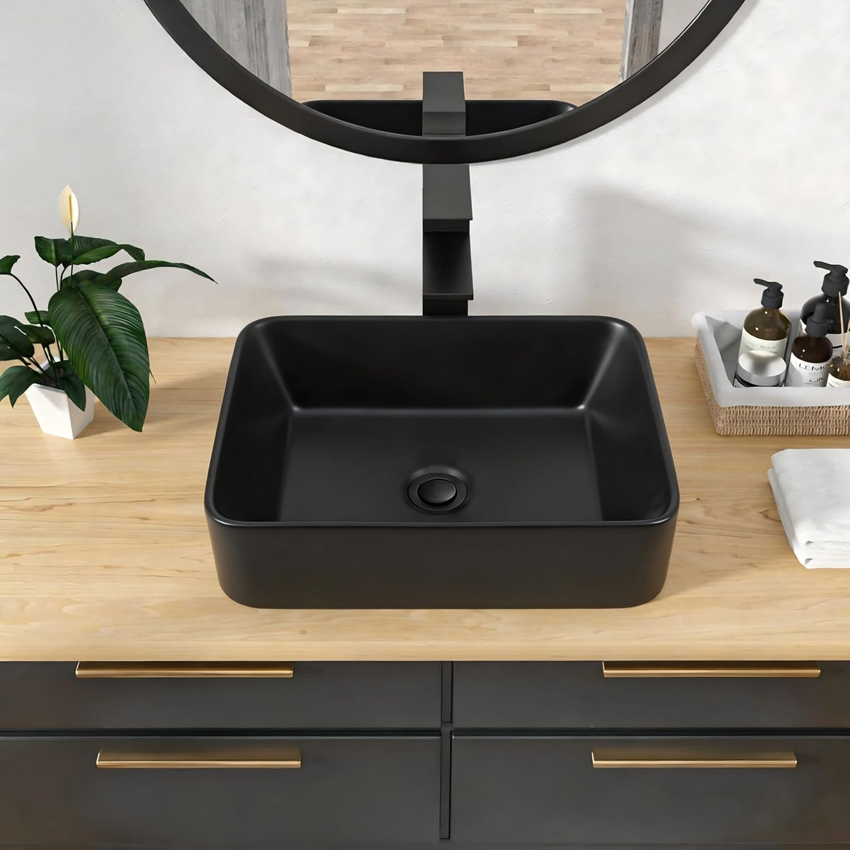 Kichae 16"x12" Vessel Sink Rectangle - Modern Above Matte Black Porcelain Ceramic Bathroom Vessel Vanity Sink Bowl Art Basin