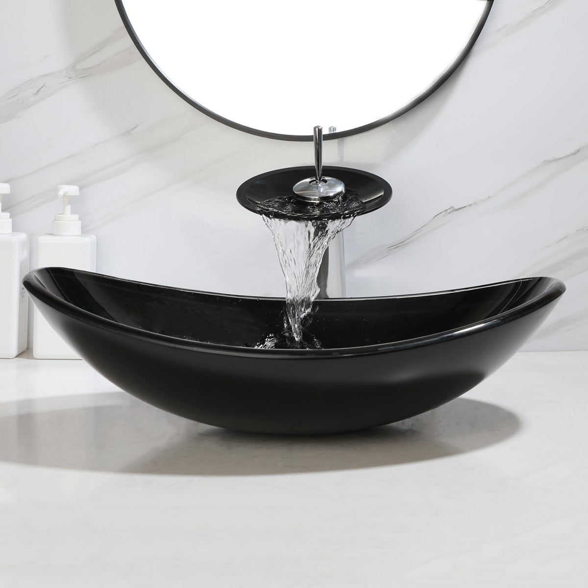 22" Black Oval Bathroom Vessel Sink Tempered Glass Washing Bowl