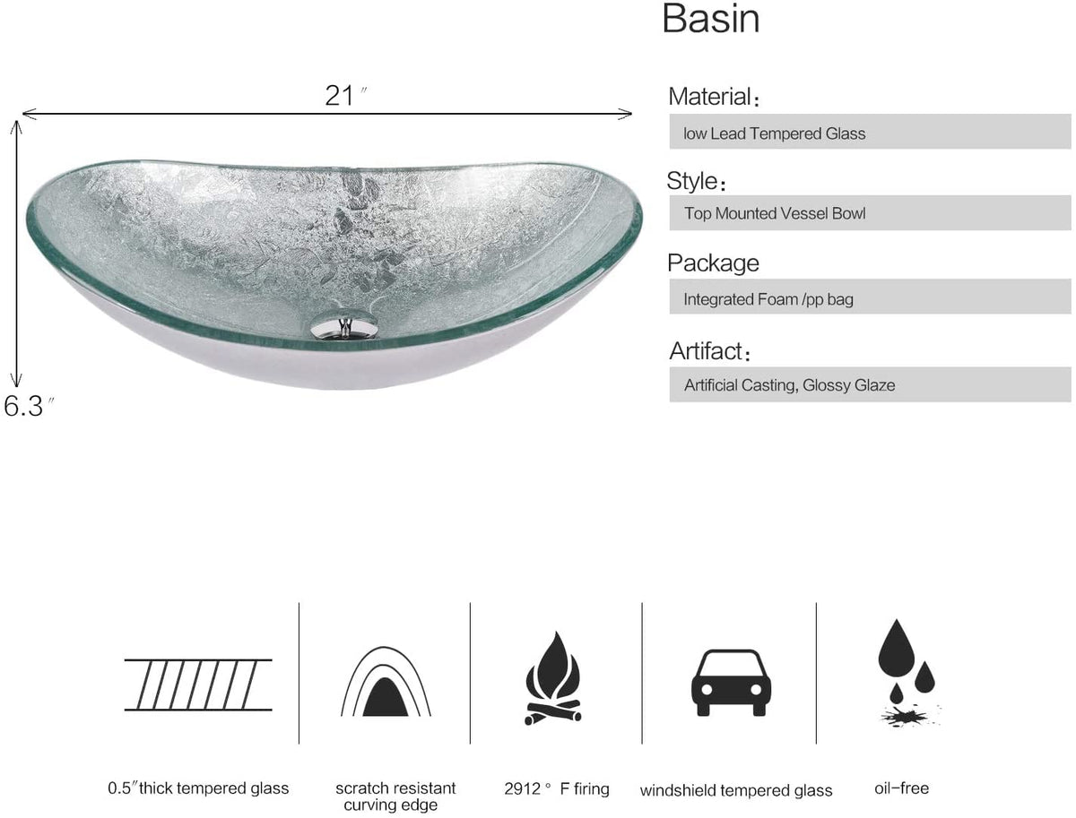 YOURLITE Bathroom Artistic Vessel Sink, Tempered Glass Countertop Bowl Sink