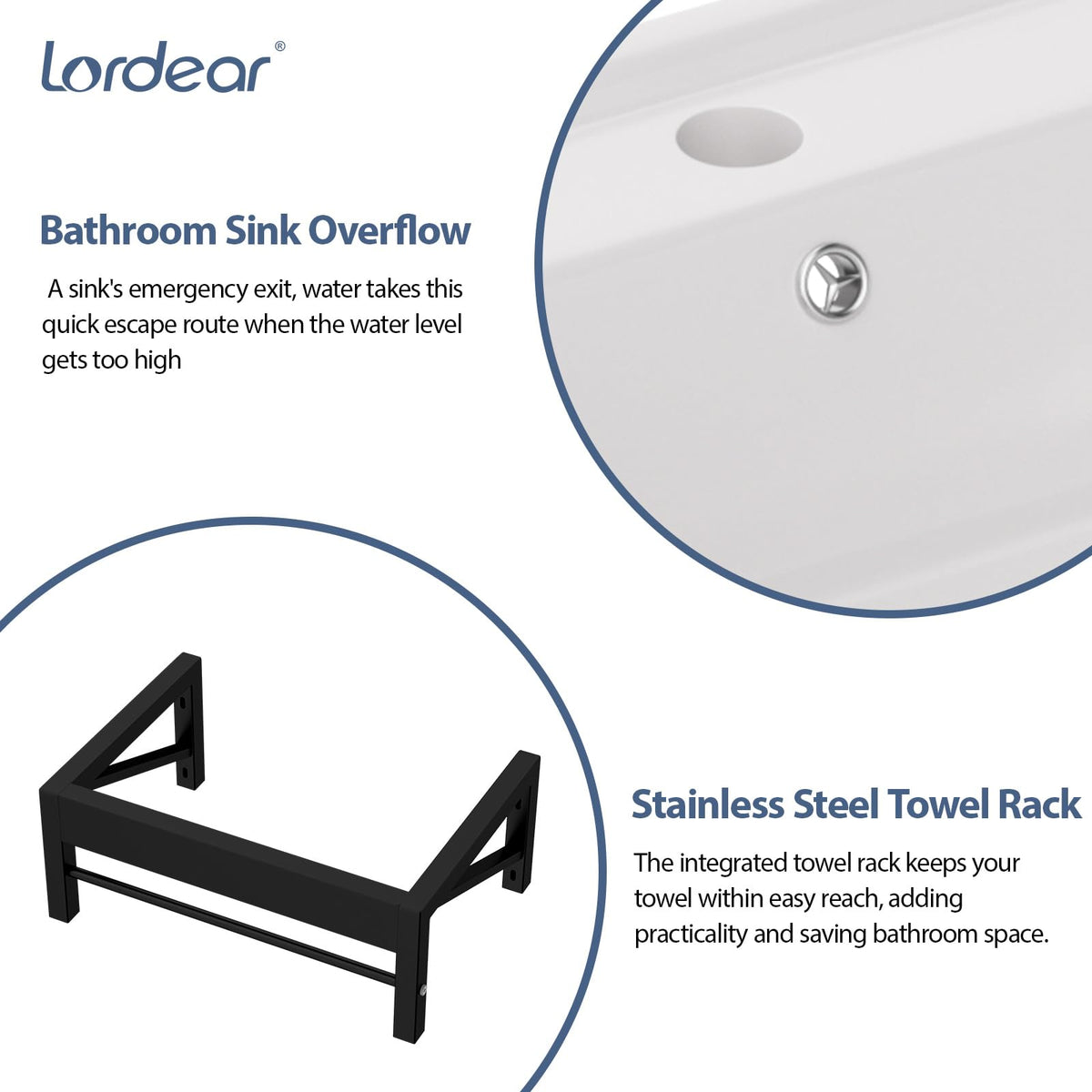 Lordear Wall Mounted Vessel Sink 16x11 Inch, U-Shape White Porcelain Bathroom Sink with Black Faucet and Support Pedestal Legs, Wall Hung Vanity Sink with Towel Rack for Small Bathrooms