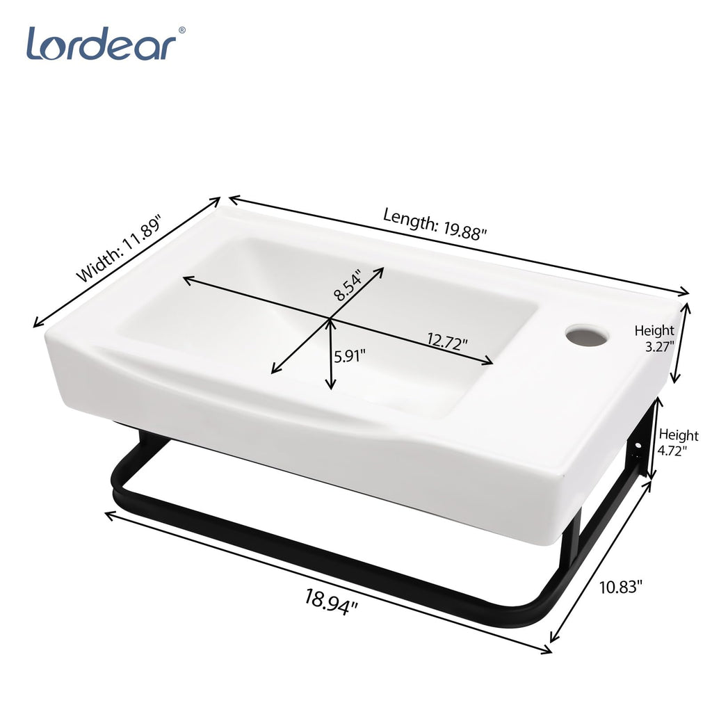 Lordear Wall Mounted Vessel Sink 16x11 Inch, U-Shape White Porcelain Bathroom Sink with Black Faucet and Support Pedestal Legs, Wall Hung Vanity Sink with Towel Rack for Small Bathrooms