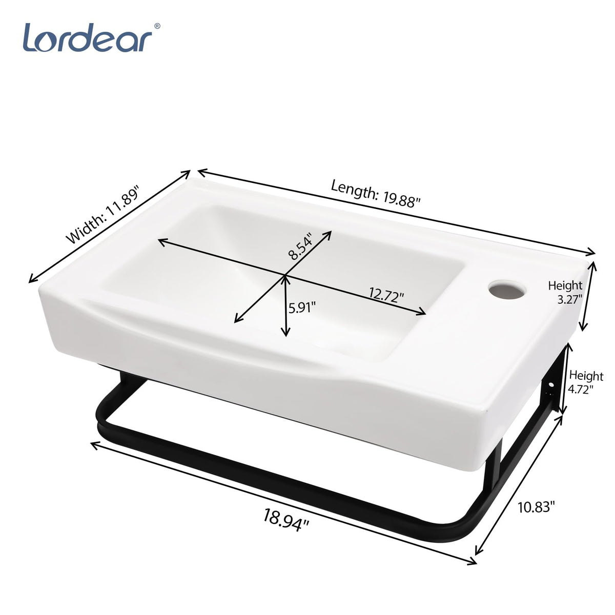 Lordear Wall Mounted Vessel Sink 16x11 Inch, U-Shape White Porcelain Bathroom Sink with Black Faucet and Support Pedestal Legs, Wall Hung Vanity Sink with Towel Rack for Small Bathrooms