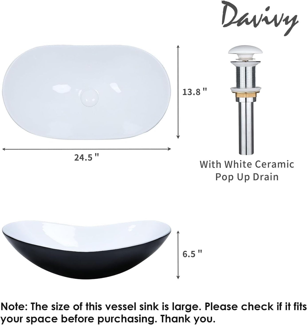 Davivy 24.5'' X 13.8'' Large Matte Black Oval Vessel Sink with Pop Up Drain,Ceramic Bathroom Sink Above Counter,Matte Black and White Vessel Sink for Bathroom (Large)