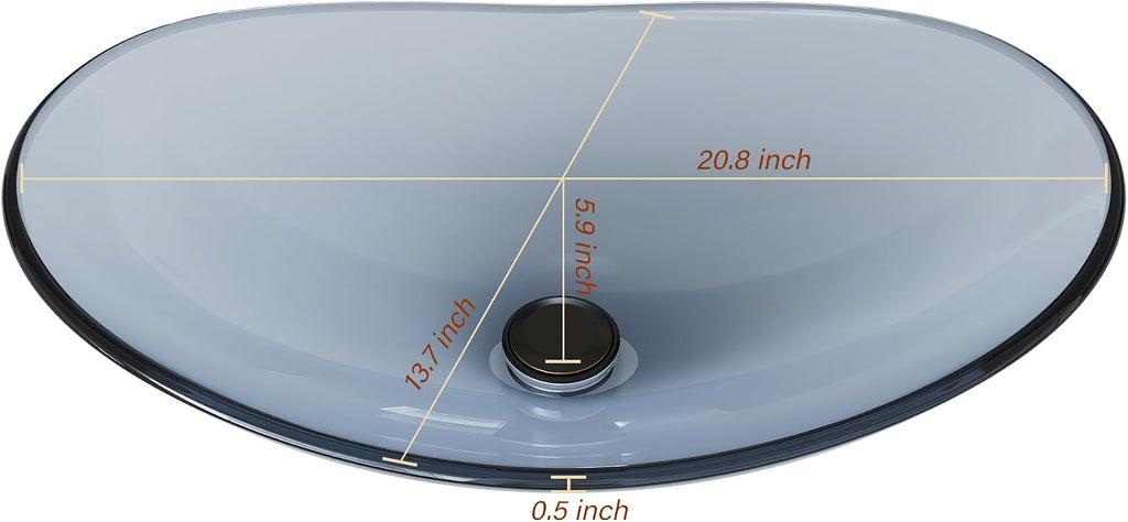 Vessel Sink Bathroom Sinks Tempered Glass Art Basin 20.8"x13.7" Oval Bowl Above Counter with Faucet and Pop-Up Drain Combo, Oval Clear Grey,Modern Countertop Bowl Sink