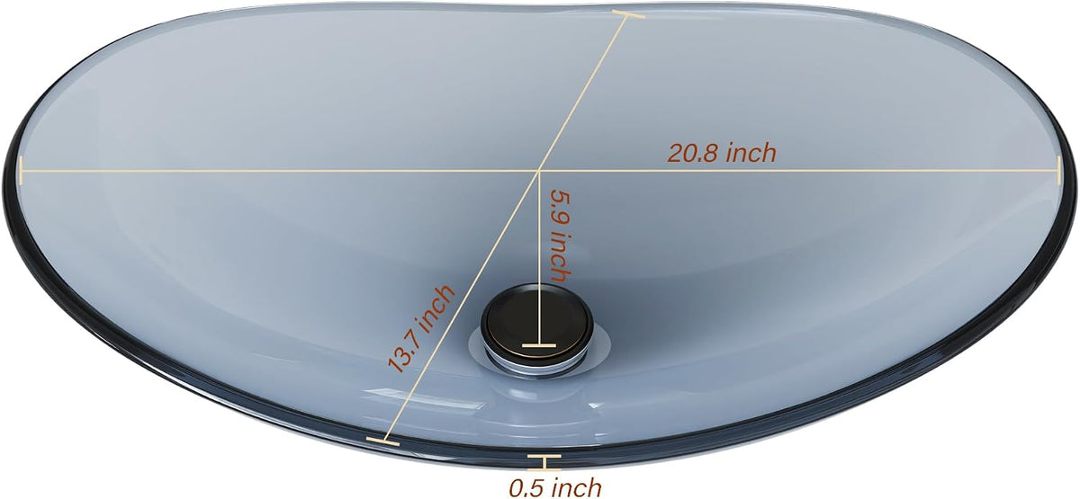Vessel Sink Bathroom Sinks Tempered Glass Art Basin 20.8"x13.7" Oval Bowl Above Counter with Faucet and Pop-Up Drain Combo, Oval Clear Grey,Modern Countertop Bowl Sink