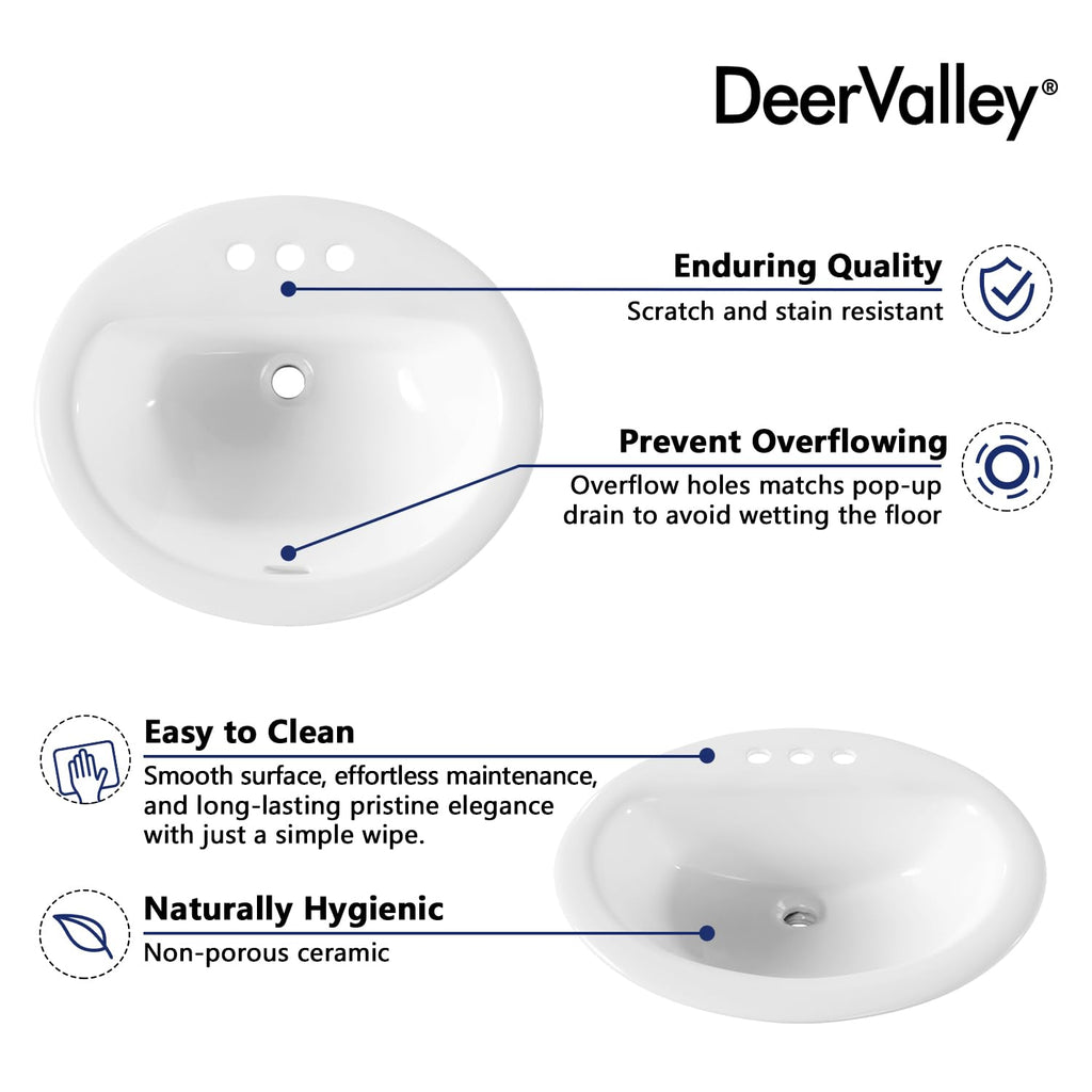 DeerValley Modern Drop In Bathroom Sink White 20"x17" Oval Vanity Art Basin