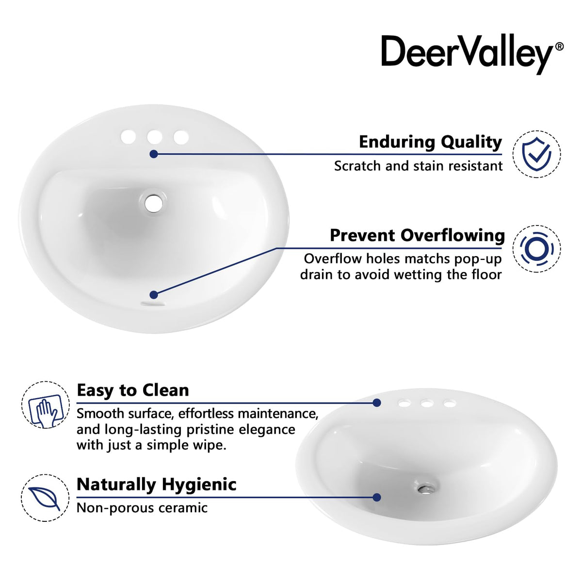 DeerValley Modern Drop In Bathroom Sink White 20"x17" Oval Vanity Art Basin