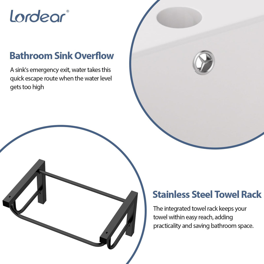 Lordear Wall Mounted Vessel Sink 16x11 Inch, U-Shape White Porcelain Bathroom Sink with Black Faucet and Support Pedestal Legs, Wall Hung Vanity Sink with Towel Rack for Small Bathrooms