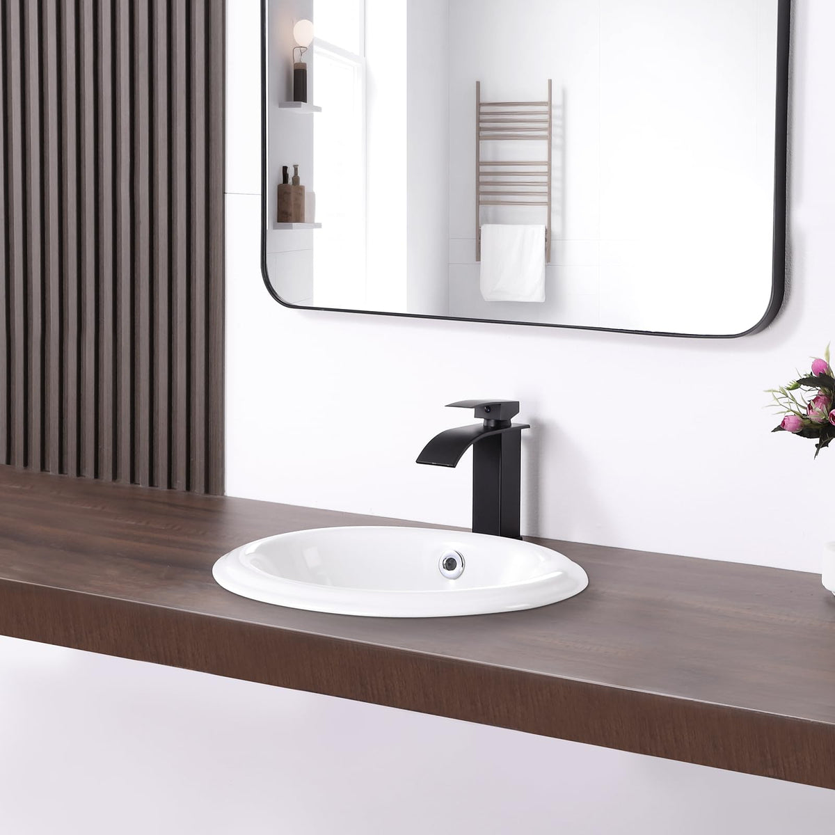 Small Bathroom Vessel Sink 16.7'' x 12.6'' Semi Recessed Bathroom Sink Rectangular Drop-in Vanity Sink with Overflow White Ceramic Modern Art Basin