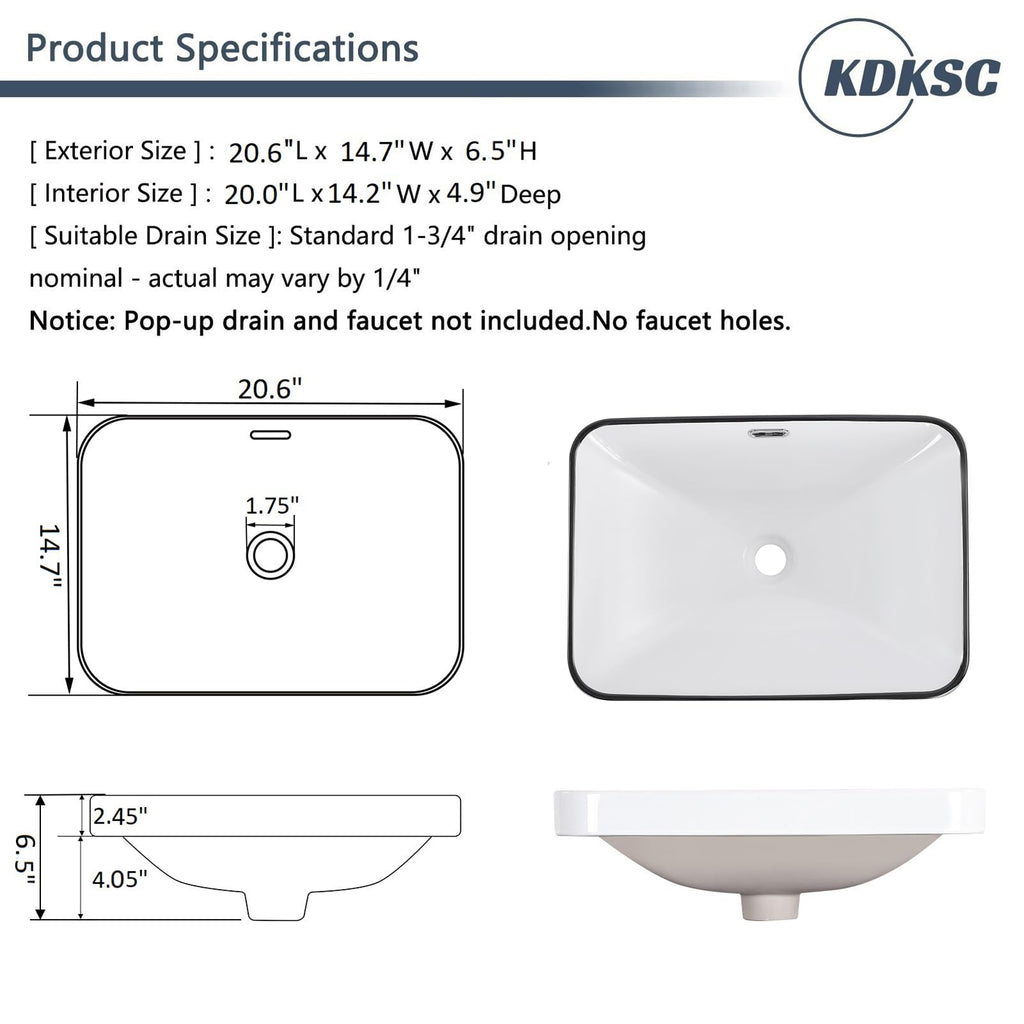 Bathroom Vessel Sink 16.7" X 12.6" Semi Recessed Bathroom Sink Rectangular Drop In Bathroom Sinks with Overflow White Ceramic Vessel Sinks for Bathroom Modern Above Counter Basin Vanity Sink