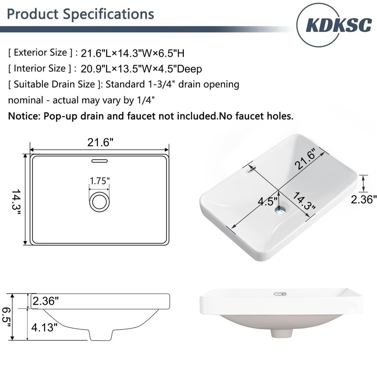 Bathroom Vessel Sink 16.7" X 12.6" Semi Recessed Bathroom Sink Rectangular Drop In Bathroom Sinks with Overflow White Ceramic Vessel Sinks for Bathroom Modern Above Counter Basin Vanity Sink