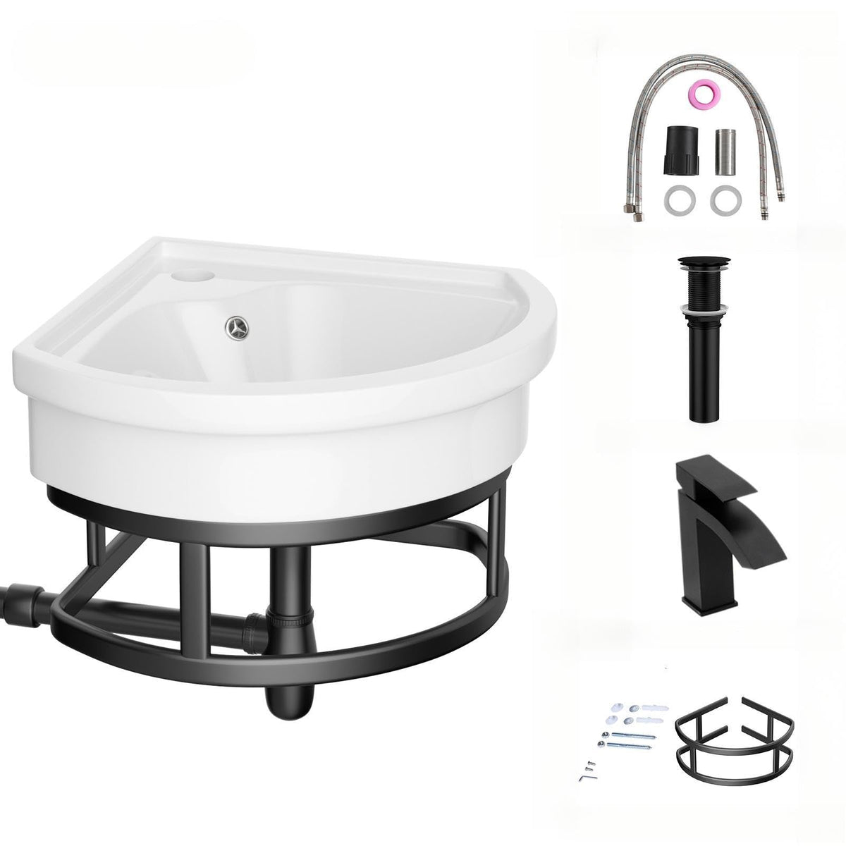 Lordear Wall Mounted Vessel Sink 16x11 Inch, U-Shape White Porcelain Bathroom Sink with Black Faucet and Support Pedestal Legs, Wall Hung Vanity Sink with Towel Rack for Small Bathrooms
