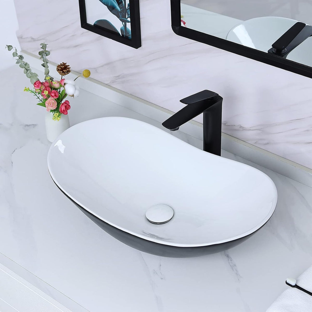 Davivy 24.5'' X 13.8'' Large Matte Black Oval Vessel Sink with Pop Up Drain,Ceramic Bathroom Sink Above Counter,Matte Black and White Vessel Sink for Bathroom (Large)