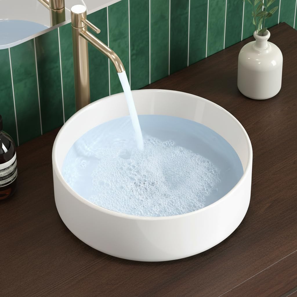KES 16 Inch Round Vessel Sink, Bowl Sink for Bathrooms, White Ceramic