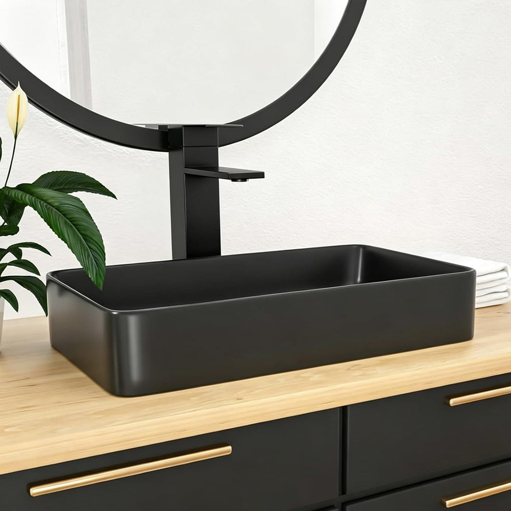 Kichae 16"x12" Vessel Sink Rectangle - Modern Above Matte Black Porcelain Ceramic Bathroom Vessel Vanity Sink Bowl Art Basin