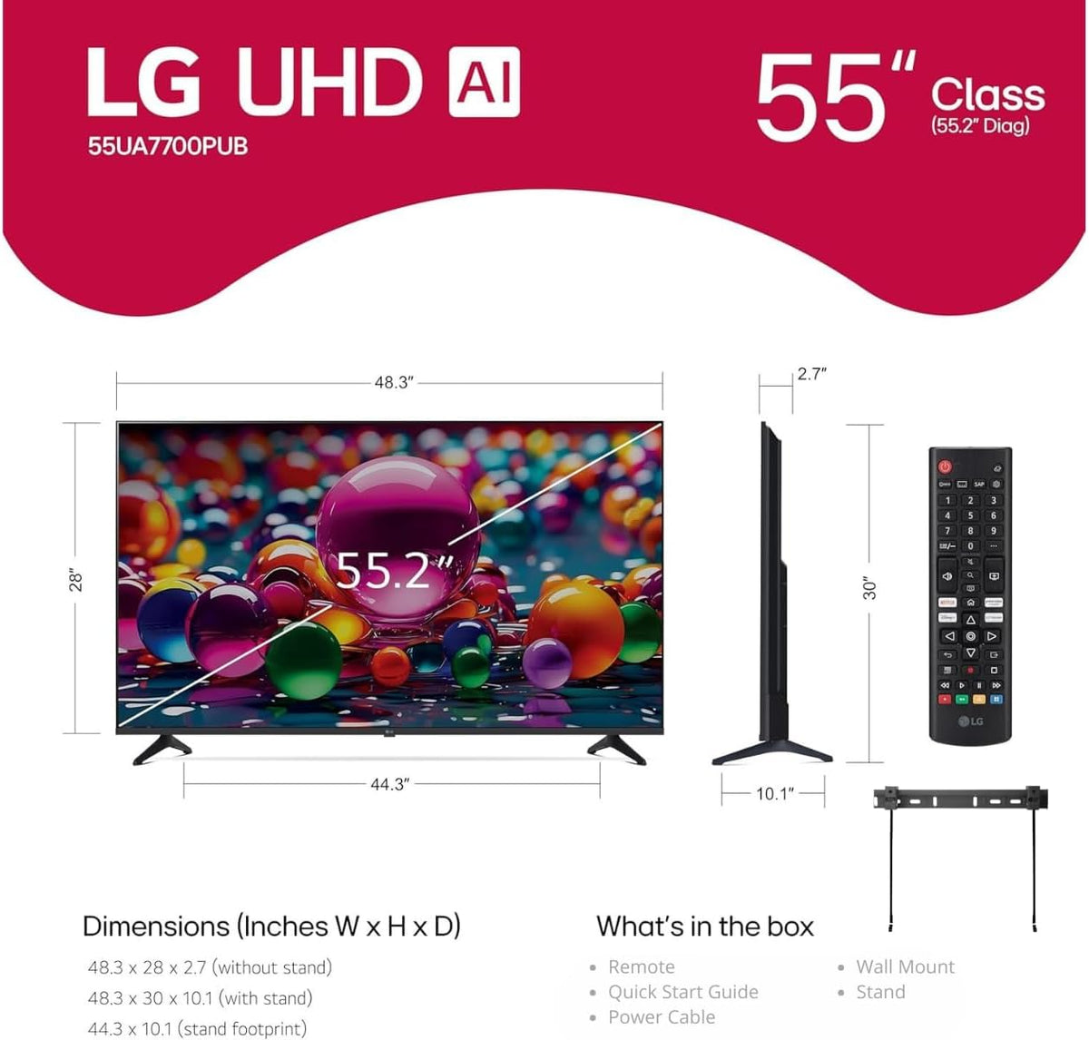 LG 55" (2025 Model) UHD AI UA75 Smart TV HDR10 Bluetooth a7 AI Processor 4K Gen8 Filmmaker Mode webOS 25 + Wall Mount Compatible with Alexa(Renewed)