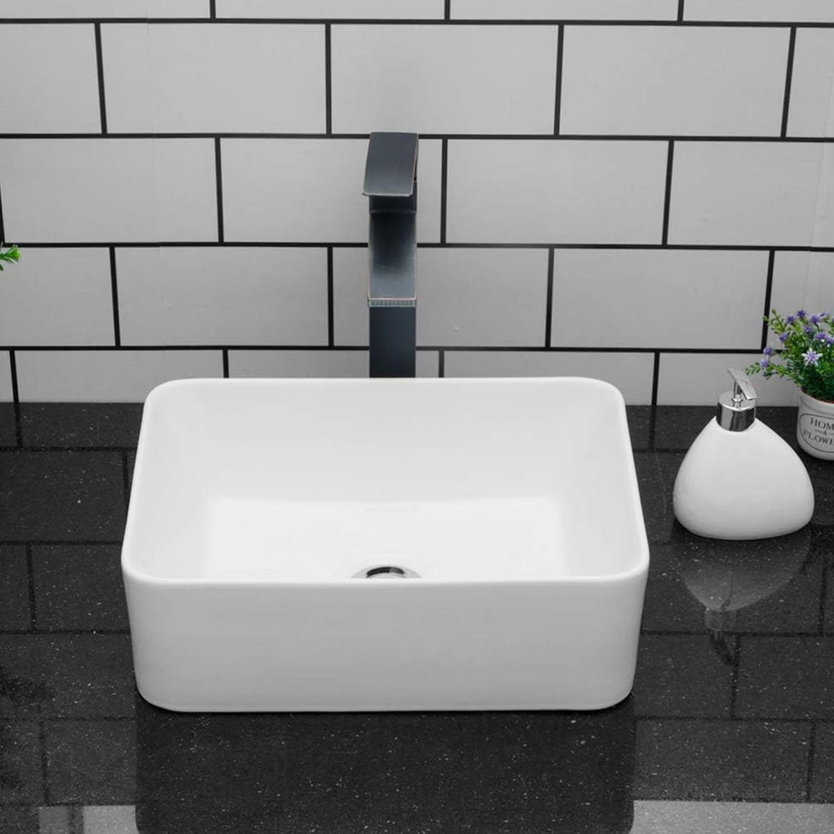 Kichae 16"x12" Vessel Sink Rectangle - Modern Above Matte Black Porcelain Ceramic Bathroom Vessel Vanity Sink Bowl Art Basin