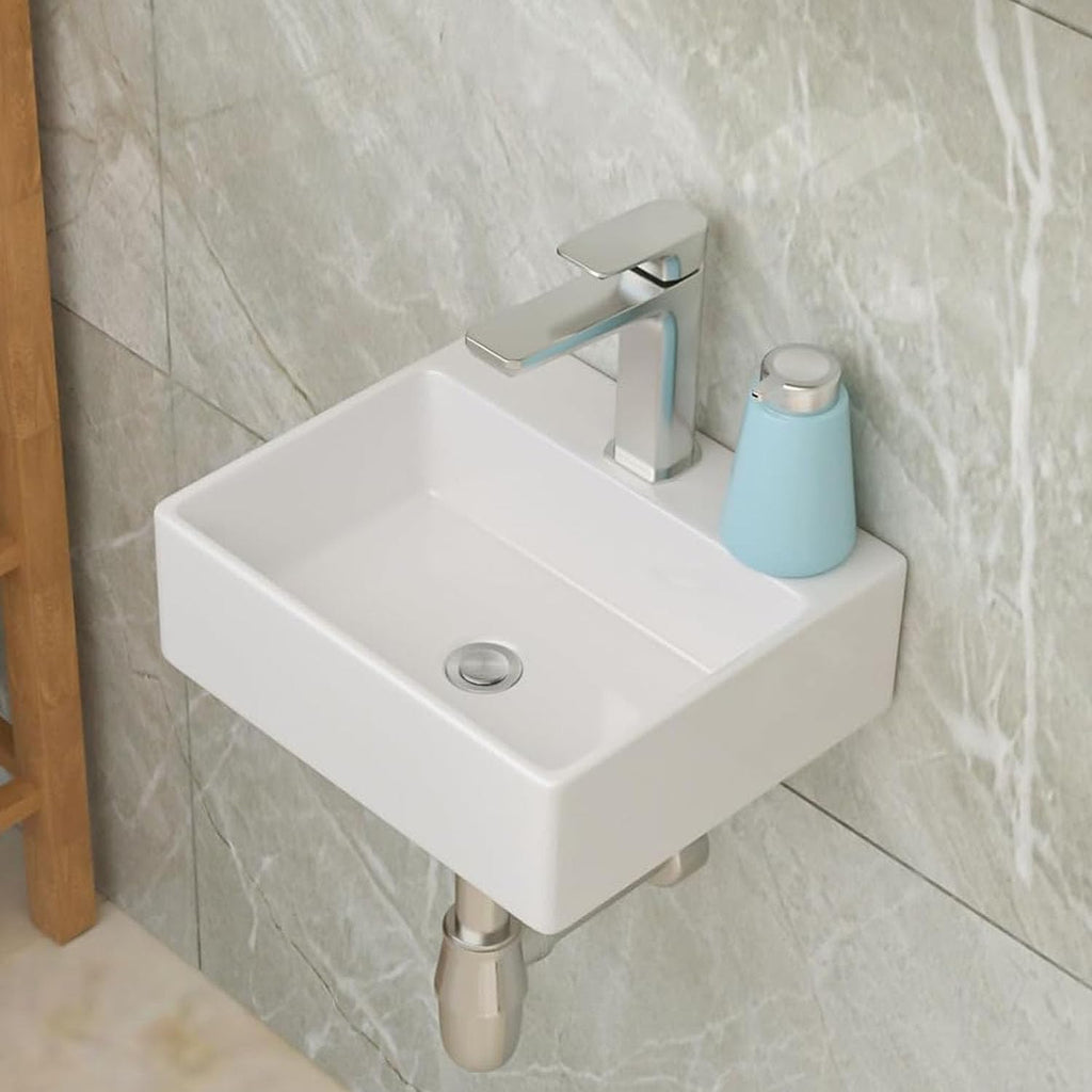 Lordear Wall Mounted Vessel Sink 16x11 Inch, U-Shape White Porcelain Bathroom Sink with Black Faucet and Support Pedestal Legs, Wall Hung Vanity Sink with Towel Rack for Small Bathrooms