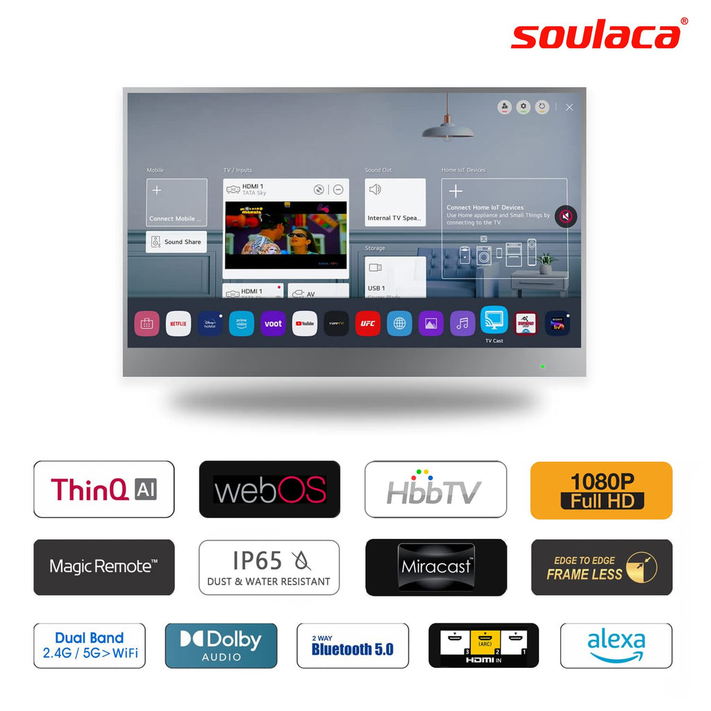 Soulaca 55 inches Smart Waterproof Mirror TV 4K UHD webOS Built-in ATSC DTV Tuner Voice Control, Large Bathroom & Indoor Hotel Resort Television Wall-Mount Big Screen Pool