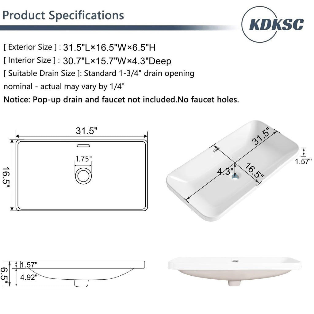 Bathroom Vessel Sink 16.7" X 12.6" Semi Recessed Bathroom Sink Rectangular Drop In Bathroom Sinks with Overflow White Ceramic Vessel Sinks for Bathroom Modern Above Counter Basin Vanity Sink