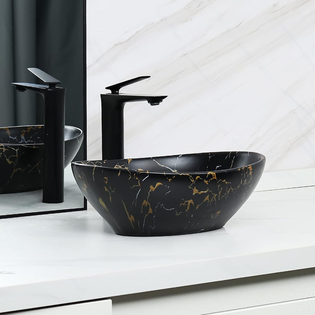 Davivy 16'' X 13.2'' Matte Black Oval Vessel Sink with Pop Up Drain,Bathroom Vessel Sinks,Bathroom Sinks Above Counter,Ceramic Vessel Sink,Counter top Sink,Black Sink Bowls for Bathroom