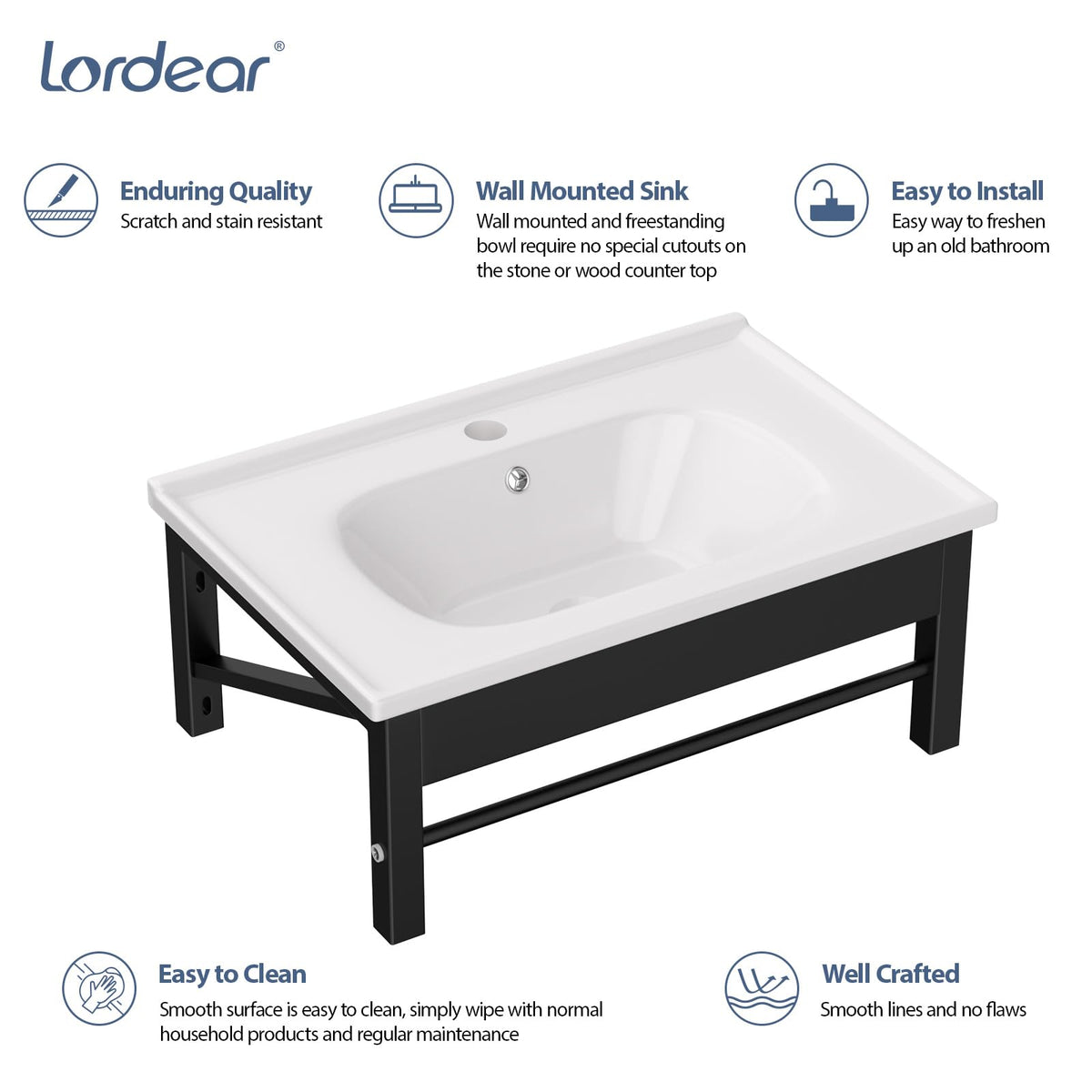 Lordear Wall Mounted Vessel Sink 16x11 Inch, U-Shape White Porcelain Bathroom Sink with Black Faucet and Support Pedestal Legs, Wall Hung Vanity Sink with Towel Rack for Small Bathrooms