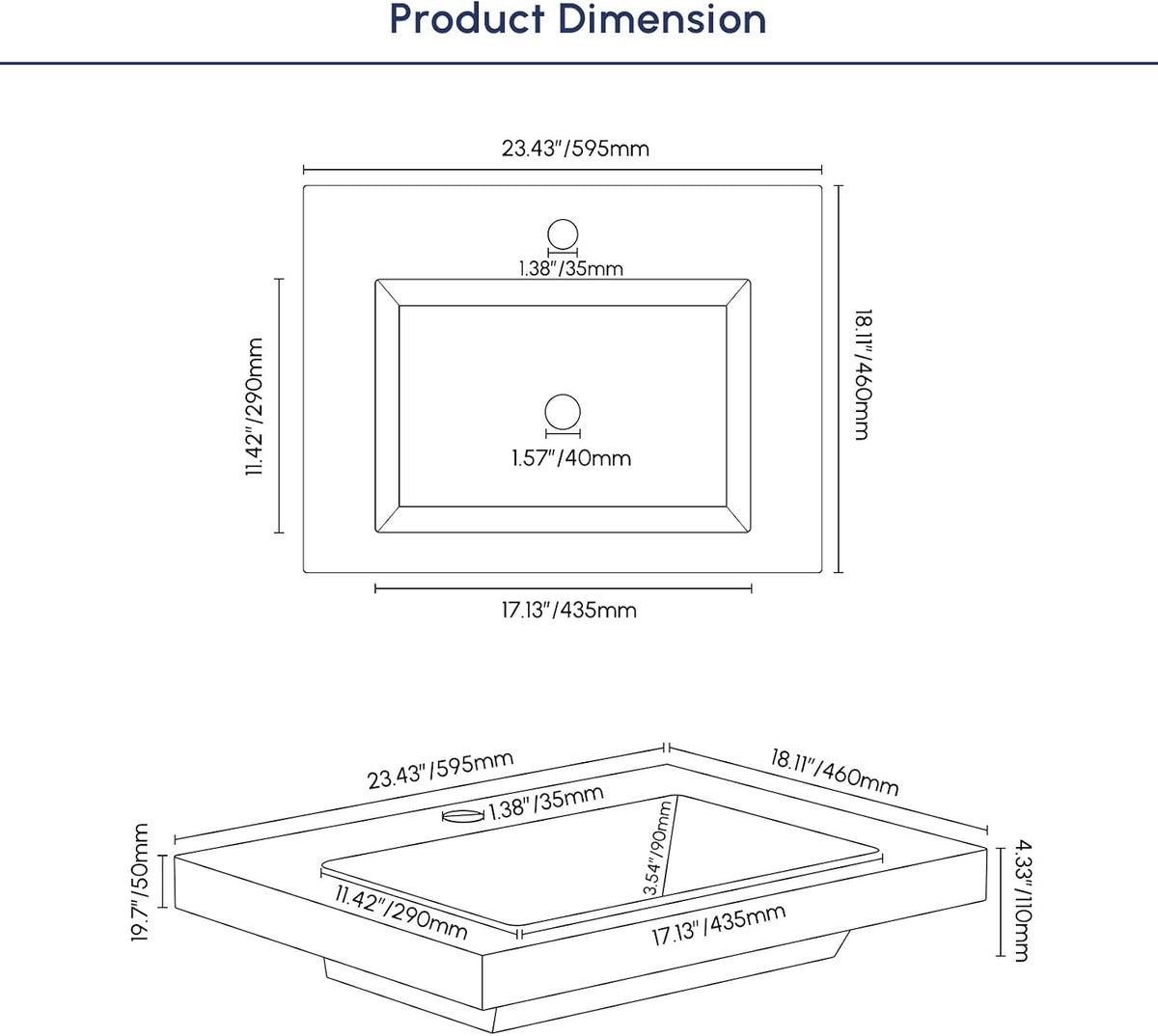 Semi Recessed Bathroom Sink, 23.4 Inch Rectangular Bathroom Vessel Sink, Drop-In Countertop Basin with Single Faucet Hole, Center Drain Assembly for Modern Vanity Cabinet, Gray