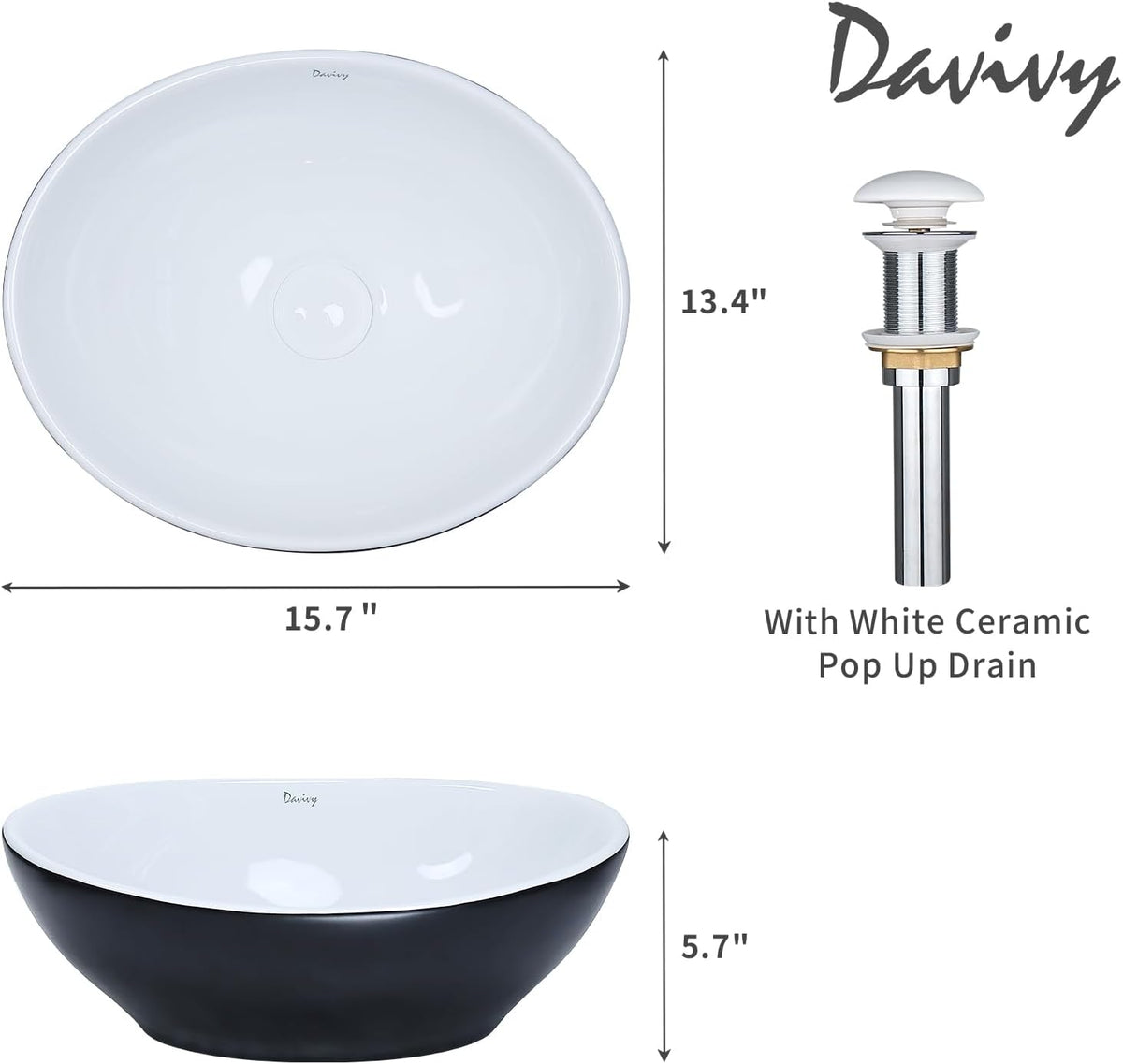 Davivy 15.7'' X 13.4'' Matte Black Oval Vessel Sink with Pop Up Drain,Bathroom Vessel Sinks,Ceramic Vessel Sink,Bathroom Sinks Above Counter,Matte Black Vessel Sinks for Bathrooms