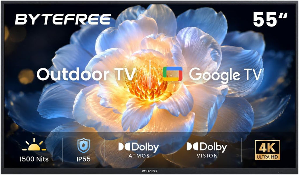 55 inch Outdoor TV 4K UHD Smart Google TV, 1500 Nits IP55 Waterproof, HDR10, Dolby Vision & Atmos, 178Â° Wide Viewing Angle, Anti Glare, Partial Sun, WiFi & Bluetooth, Patio Backyard Poolside