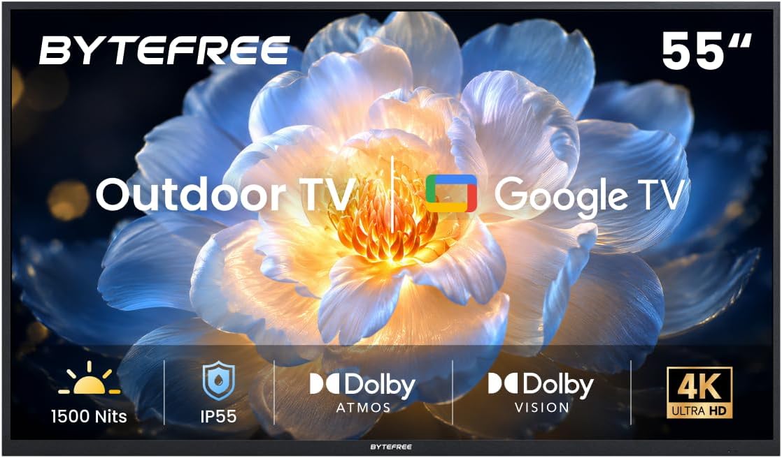 55 inch Outdoor TV 4K UHD Smart Google TV, 1500 Nits IP55 Waterproof, HDR10, Dolby Vision & Atmos, 178Â° Wide Viewing Angle, Anti Glare, Partial Sun, WiFi & Bluetooth, Patio Backyard Poolside