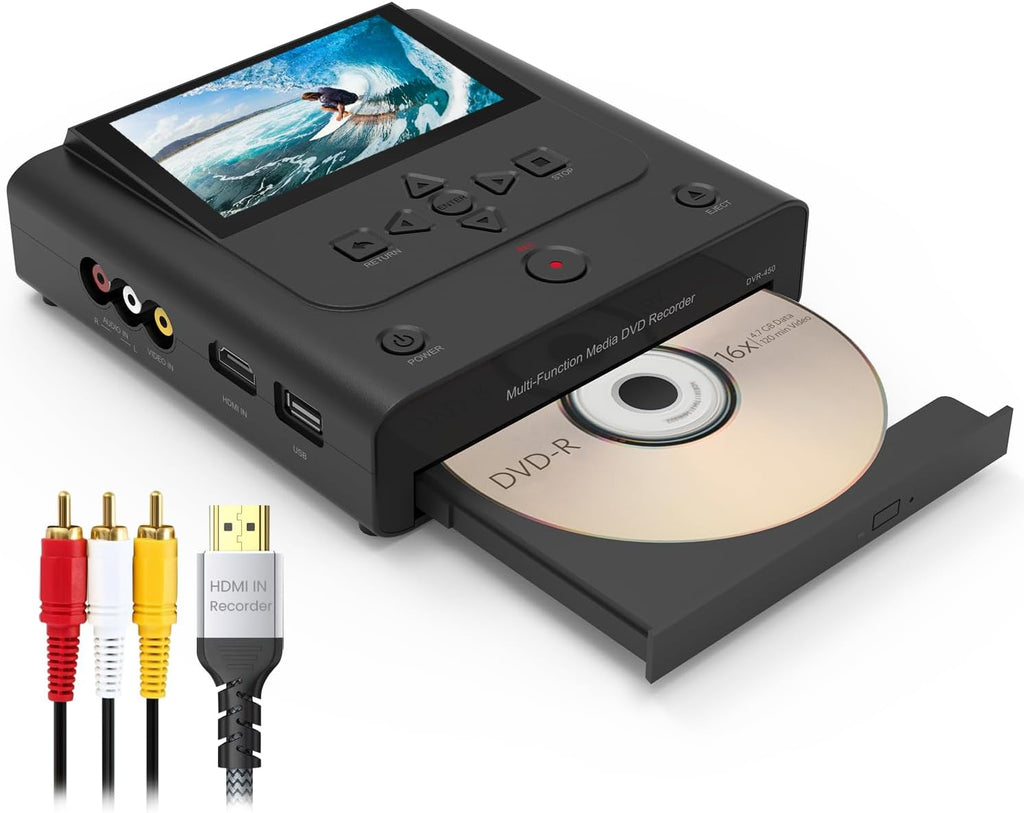 VHS to DVD Recorder, VCR to DVD Recorder-Convert Photos and Videos Between VHS,VCR,Memory Cardï¼DVD and USB. Phone can use a Free app to Burn Videos and Photos, Also has TV Recording Functionï¼Blackï¼